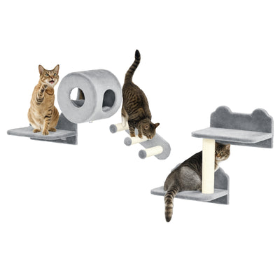 PawHut 4PCs Wall-Mounted Cat Tree, with Steps, Perch, Cat House - Grey 