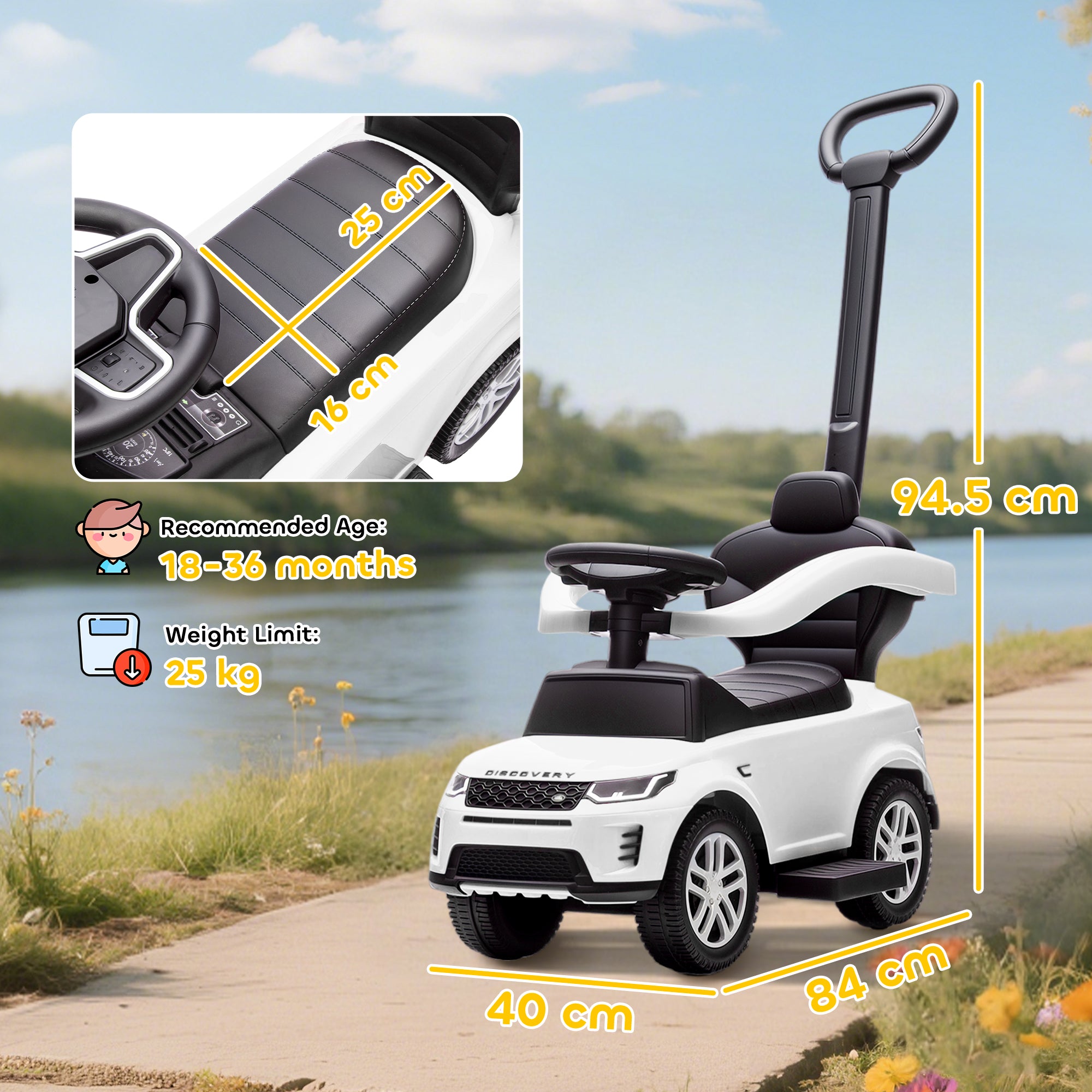 AIYAPLAY Land Rover Discovery Licensed Baby Push Car, 2-in-1 Ride on Car with Push Handle and Safety Guardrail, White 