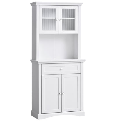 HOMCOM Kitchen Cupboard, Freestanding Storage Cabinet with Glass Doors, Adjustable Shelves, and Open Counter, White 