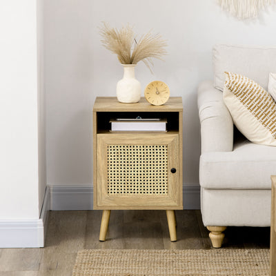 HOMCOM Bedside Table with Rattan Element, Side End Table with Shelf and Cupboard, 39cmx35cmx60cm, Set of 2, Natural 