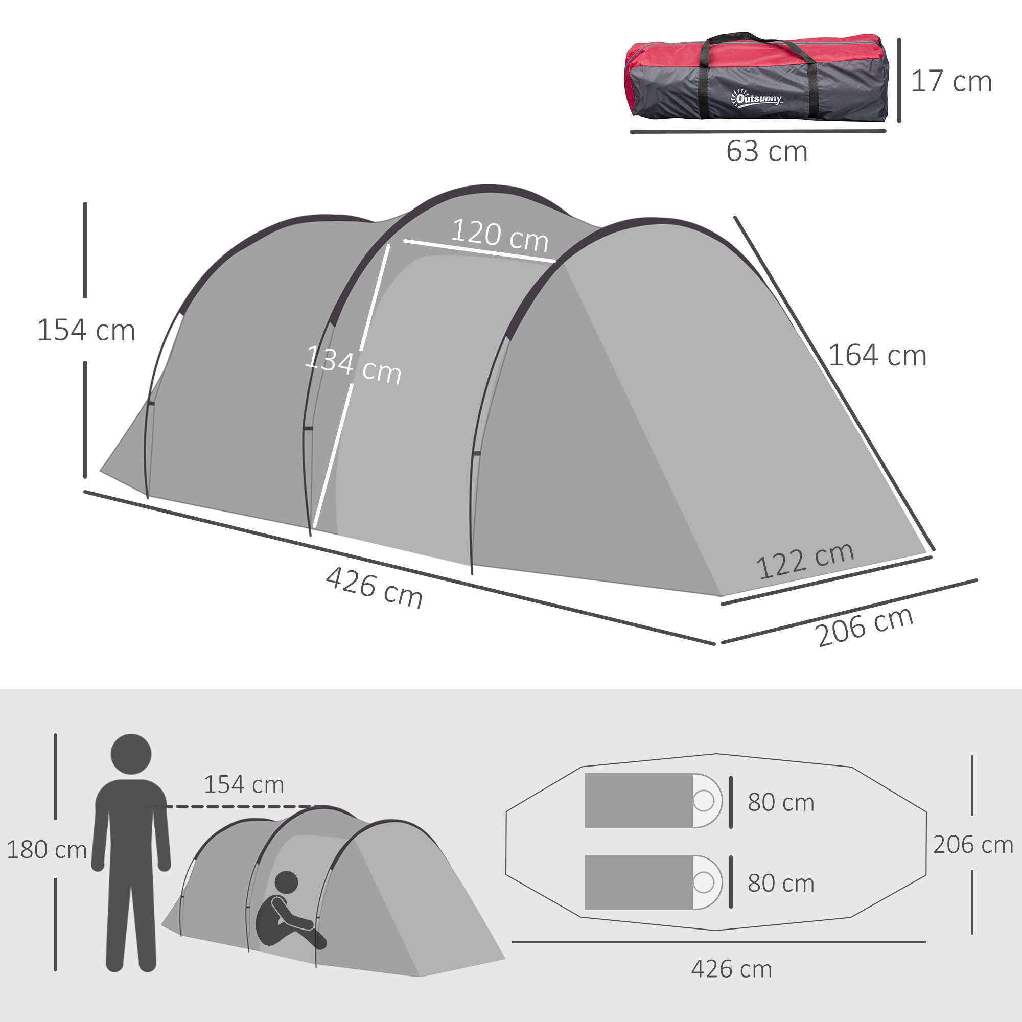 Outsunny 2-3 Person Tunnel Tent with Sewn-in Groundsheet, Air Vents, Rainfly, 2000mm Water Column, Camping Tent with 1 Bedroom, Inbuilt Porch, Living Area for Camping, Hiking, Grey 