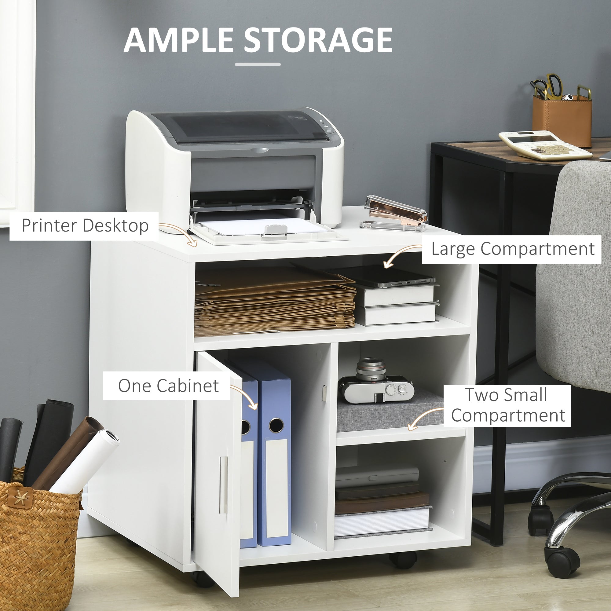 HOMCOM Multi-Storage Printer Stand Unit Office Desk Side Mobile Storage w/ Wheels Modern Style 60L x 50W x 65.5H cm - White 