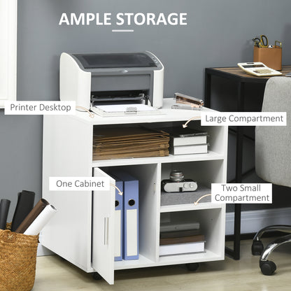 HOMCOM Multi-Storage Printer Stand Unit Office Desk Side Mobile Storage w/ Wheels Modern Style 60L x 50W x 65.5H cm - White 