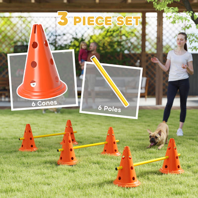 PawHut Dog Agility Equipment Set of 6 Cones, 6 Poles with Carry Bag, 3 PCS Adjustable Height Jumping Obstacles, Orange 