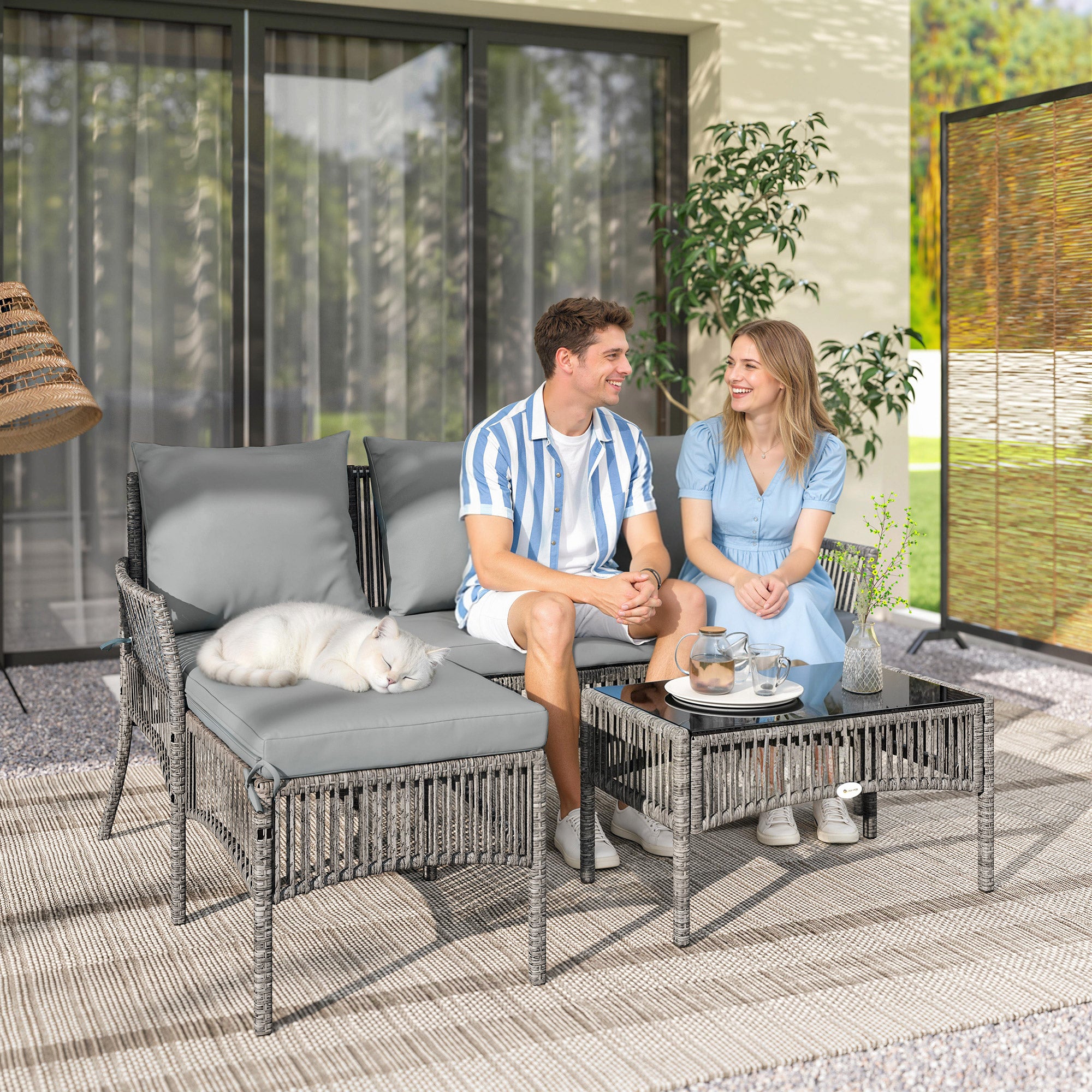 Outsunny 3 Piece Rattan Garden Furniture Corner Sofa Set with Chaise Lounge, Loveseat, Glass Coffee Table, Cushions, Dark Grey 