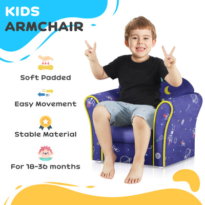 AIYAPLAY Kids Armchair with Planet Dinosaurs Design, Wooden Frame, for Bedroom, Playroom, Kids Room - Blue 