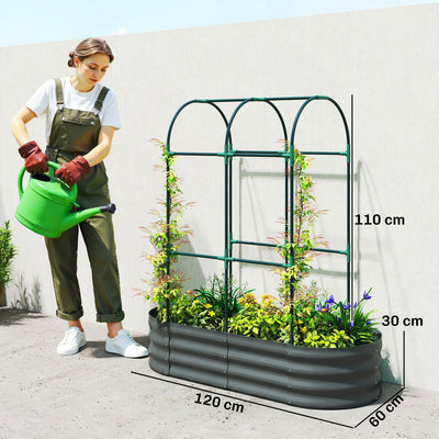 Outsunny Galvanised Raised Garden Bed with Arched Trellis, 4 x 2 x 4.6ft Metal Raised Bed for Garden with Open Bottom, Dark Grey 
