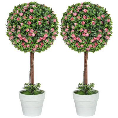 HOMCOM Set of 2 Decorative Artificial Plants, Ball Topiary Tree with Rose Flower in Pot, Fake Plants for Home Indoor Outdoor Decor, 60cm, Pink 