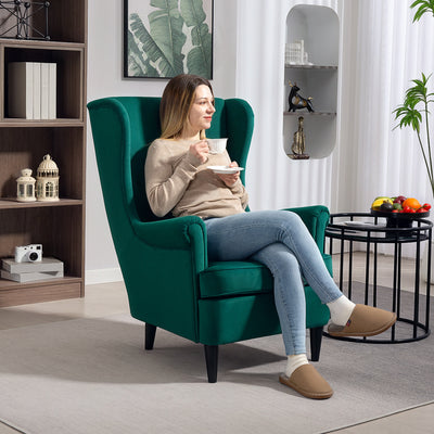 HOMCOM Modern Accent Chair, Upholstered Wingback Armchair with High Backrest and Pillow, Velvet-Feel Fabric Reading Chair with Solid Wood Legs for Living Room, Bedroom, Home Office, Dark Green 