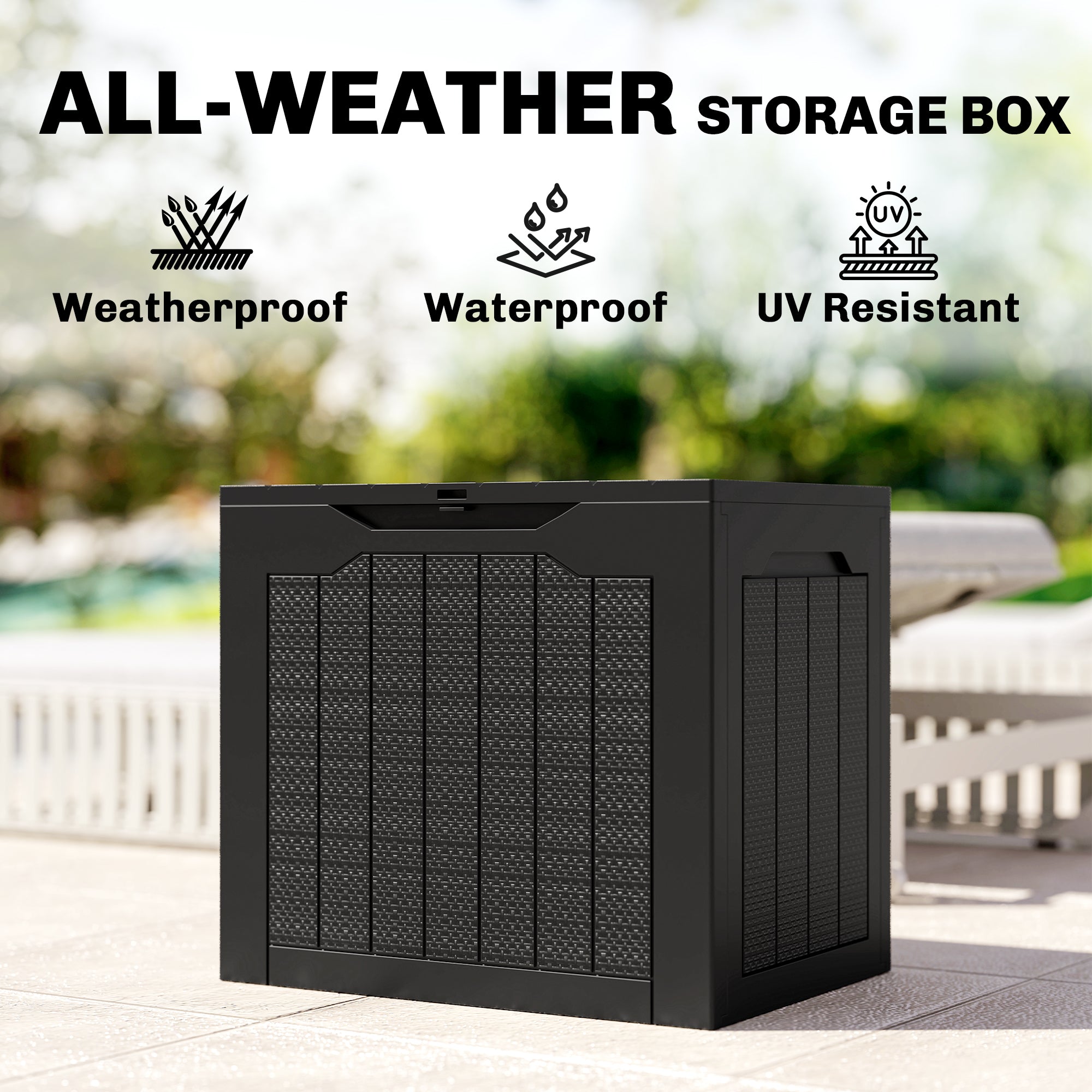 Outsunny 93L Plastic Garden Storage Box, Outdoor Storage Box with Handles, Waterproof Outdoor Storage Container, Black 