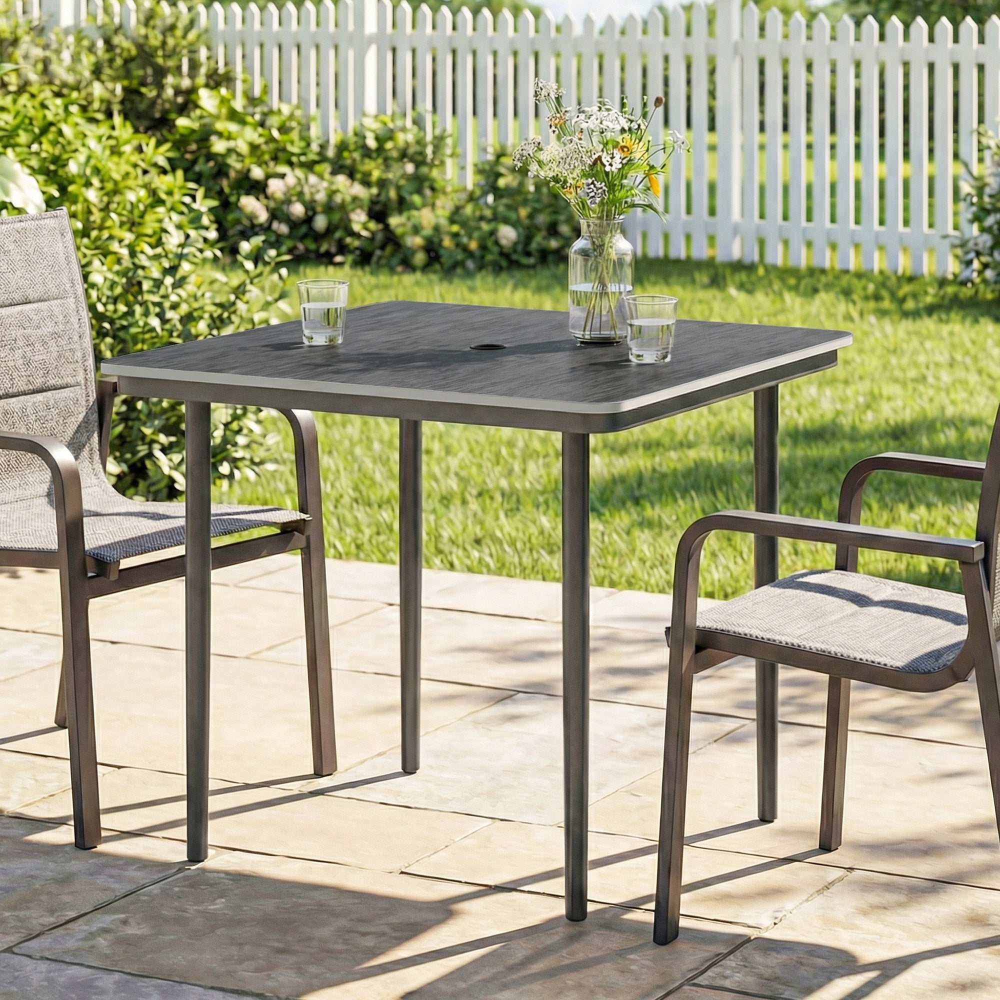 Outsunny Garden Dining Table for 4, 85 cm Square Outdoor Table with Umbrella Hole, Faux Wood Top, Metal Legs, Dark Grey 