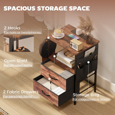 HOMCOM Bedside Table with Charging Station - Rustic Brown 