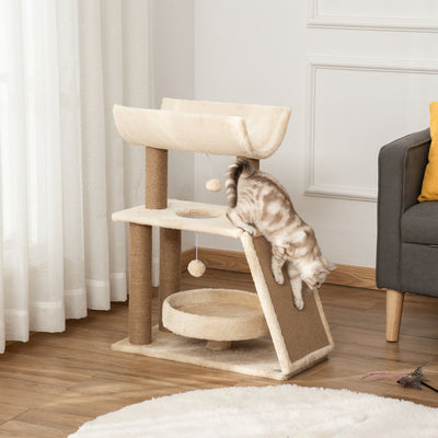 PawHut Cat Tree Tower, with Scratching Posts, Pad, Bed, Perch, Toy Ball - Light Brown 