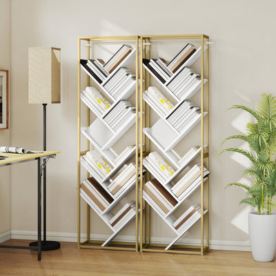 HOMCOM 10 Shelf Modern-Style Bookshelf - Gold Tone/White 