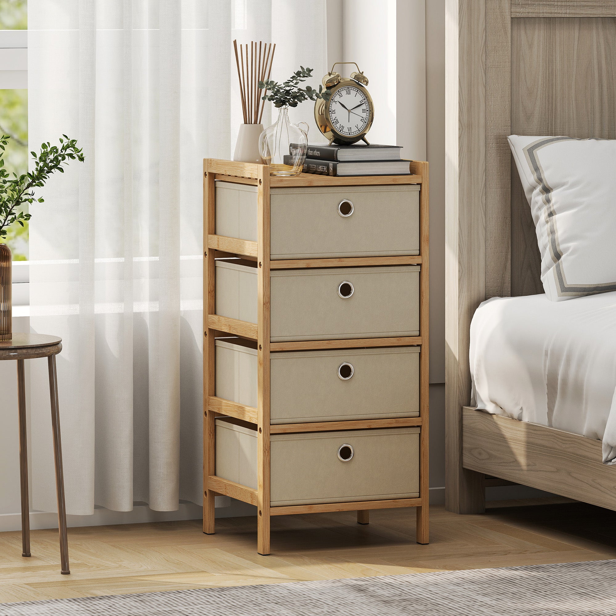 HOMCOM Chest of Drawers, 4 Fabric Drawers Narrow Dresser with Bamboo Frame, Cream White 