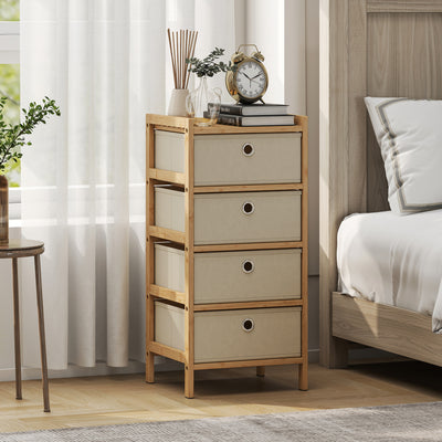 HOMCOM Chest of Drawers, 4 Fabric Drawers Narrow Dresser with Bamboo Frame, Cream White 