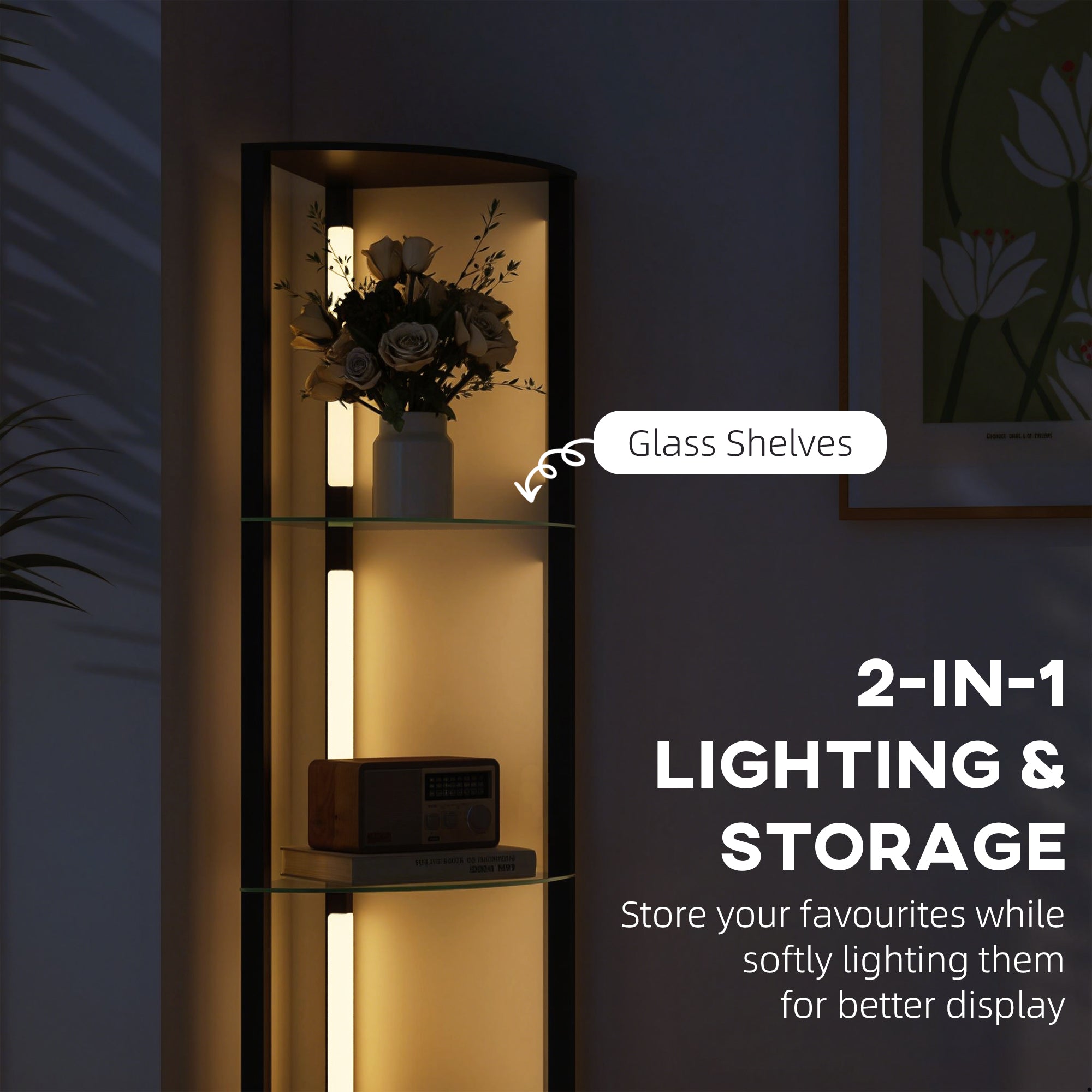 HOMCOM LED Floor Lamp with Shelves, Dimmable Standing Lamp with Foot Switch for Living Room, Bedroom, Black 