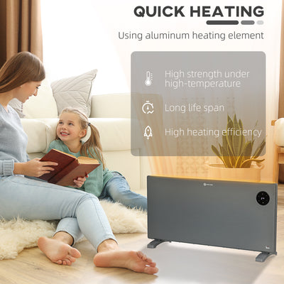 HOMCOM 2000W Electric Convector Heater, Freestanding or Wall Mounted, Space Heater with Adjustable Thermostat, Timer, Grey 