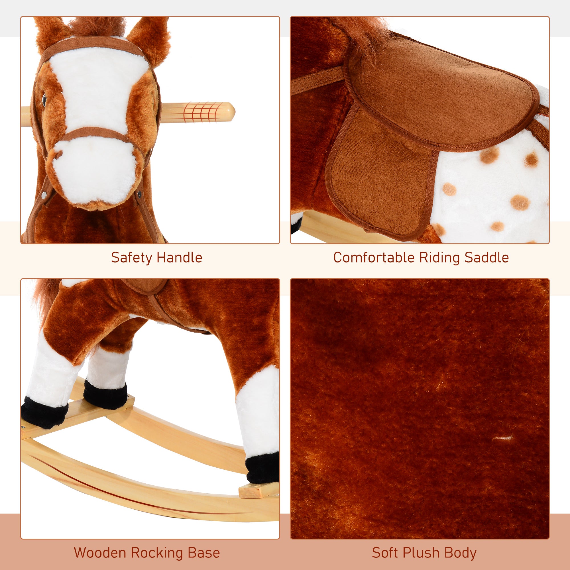 HOMCOM Baby Rocking Horse Plush Ride on Animals Rocker with Sound Handle Grip for kids 3-6 years - Brown 