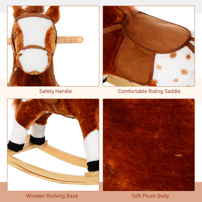HOMCOM Baby Rocking Horse Plush Ride on Animals Rocker with Sound Handle Grip for kids 3-6 years - Brown 