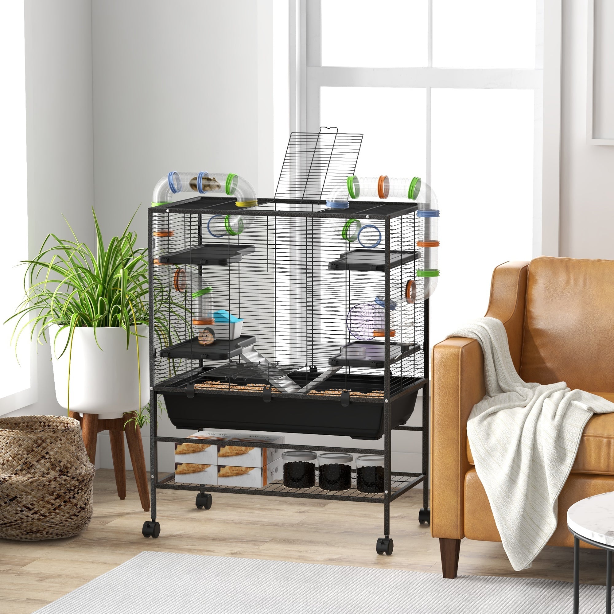 PawHut Large Hamster Cage, Gerbil Cage with Tubes, Storage Shelf, Ramps, Platforms, Running Wheel - Black 