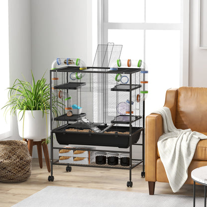 PawHut Large Hamster Cage, Gerbil Cage with Tubes, Storage Shelf, Ramps, Platforms, Running Wheel - Black 