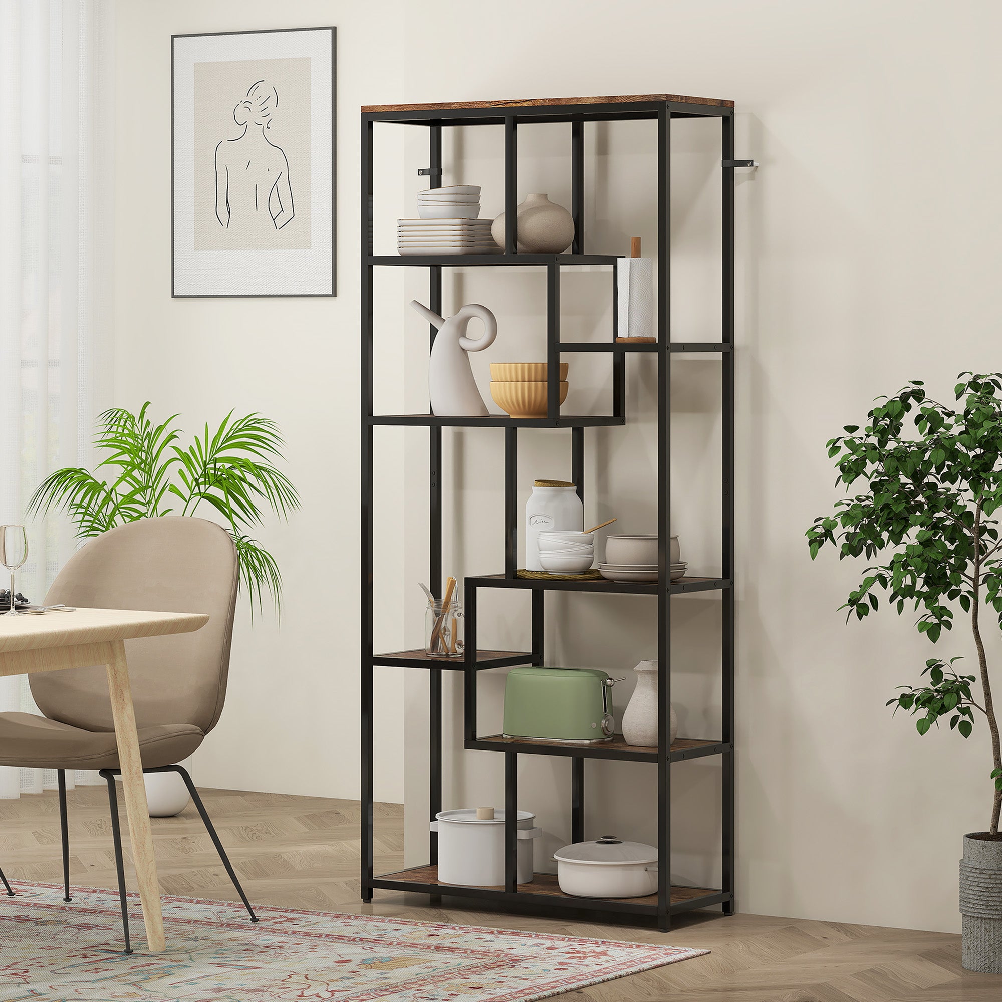 HOMCOM Seven-Tier Geometric Bookcase - Brown/Black 