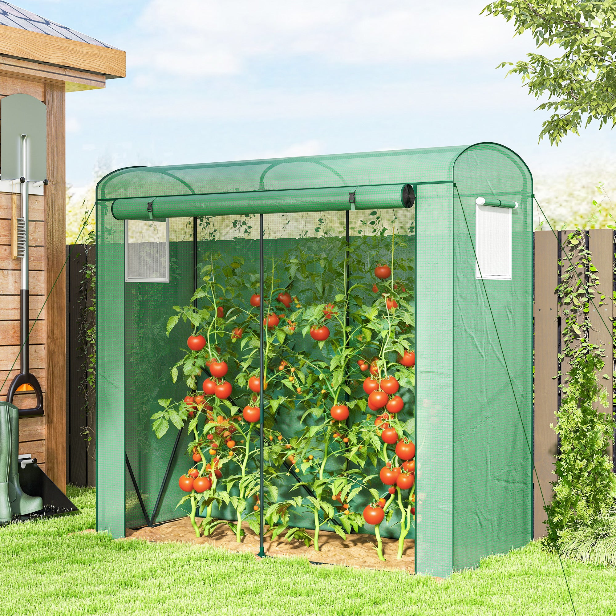 Outsunny Mini Greenhouse, Garden Tomato Growhouse with Roll-Up Door and 2 Mesh Windows, PE Cover, 200 x 75 x 188 cm, Green 