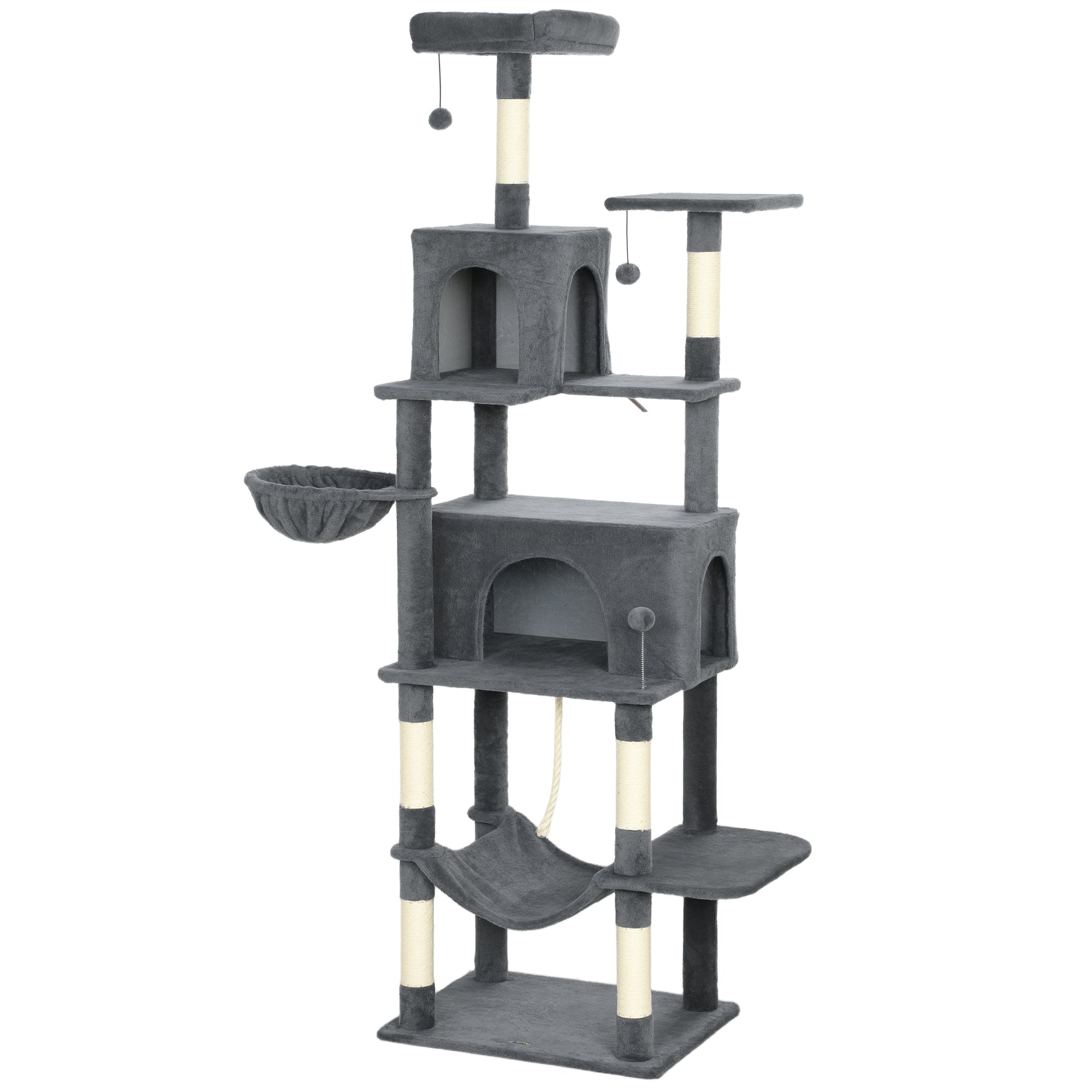 PawHut 202cm Large Cat Tree with 6 Scratching Posts, 2 Hammocks, 2 Condos, 2 Perches, Pompoms, for Indoor Cats to Rest and Play 