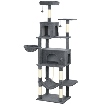 PawHut 202cm Large Cat Tree with 6 Scratching Posts, 2 Hammocks, 2 Condos, 2 Perches, Pompoms, for Indoor Cats to Rest and Play 