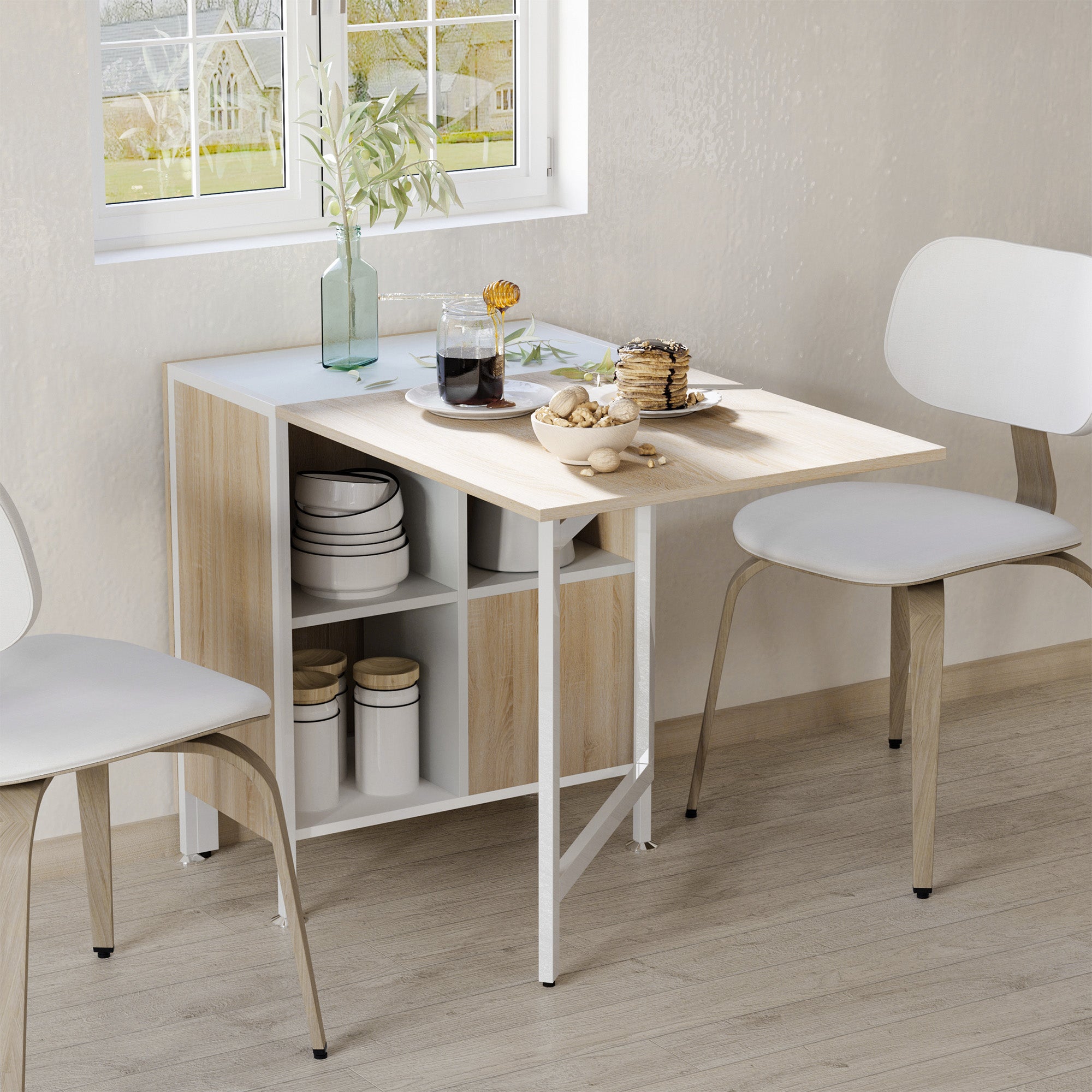 HOMCOM Foldable Drop Leaf Dining Table Folding Workstation for Small Space with Storage Shelves Cubes Oak & White 