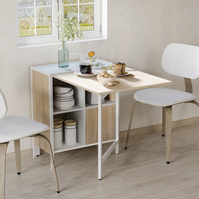 HOMCOM Foldable Drop Leaf Dining Table Folding Workstation for Small Space with Storage Shelves Cubes Oak & White 
