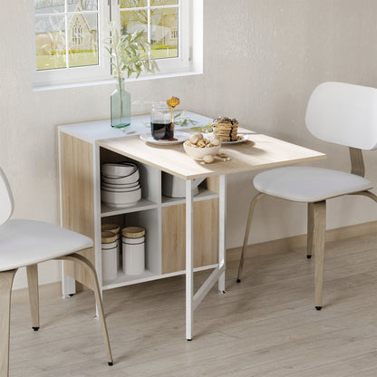 HOMCOM Foldable Drop Leaf Dining Table Folding Workstation for Small Space with Storage Shelves Cubes Oak & White 
