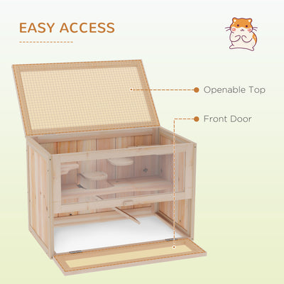 PawHut Wooden Hamster Cage Mouse Mice Rodent Small Animals Hutch Exercise Play House 60 x 35 x 42cm, Natural Wood Finish 