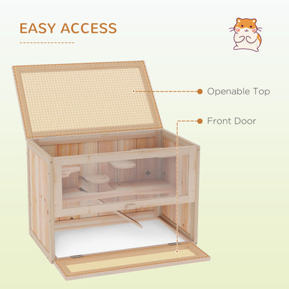 PawHut Wooden Hamster Cage Mouse Mice Rodent Small Animals Hutch Exercise Play House 60 x 35 x 42cm, Natural Wood Finish 