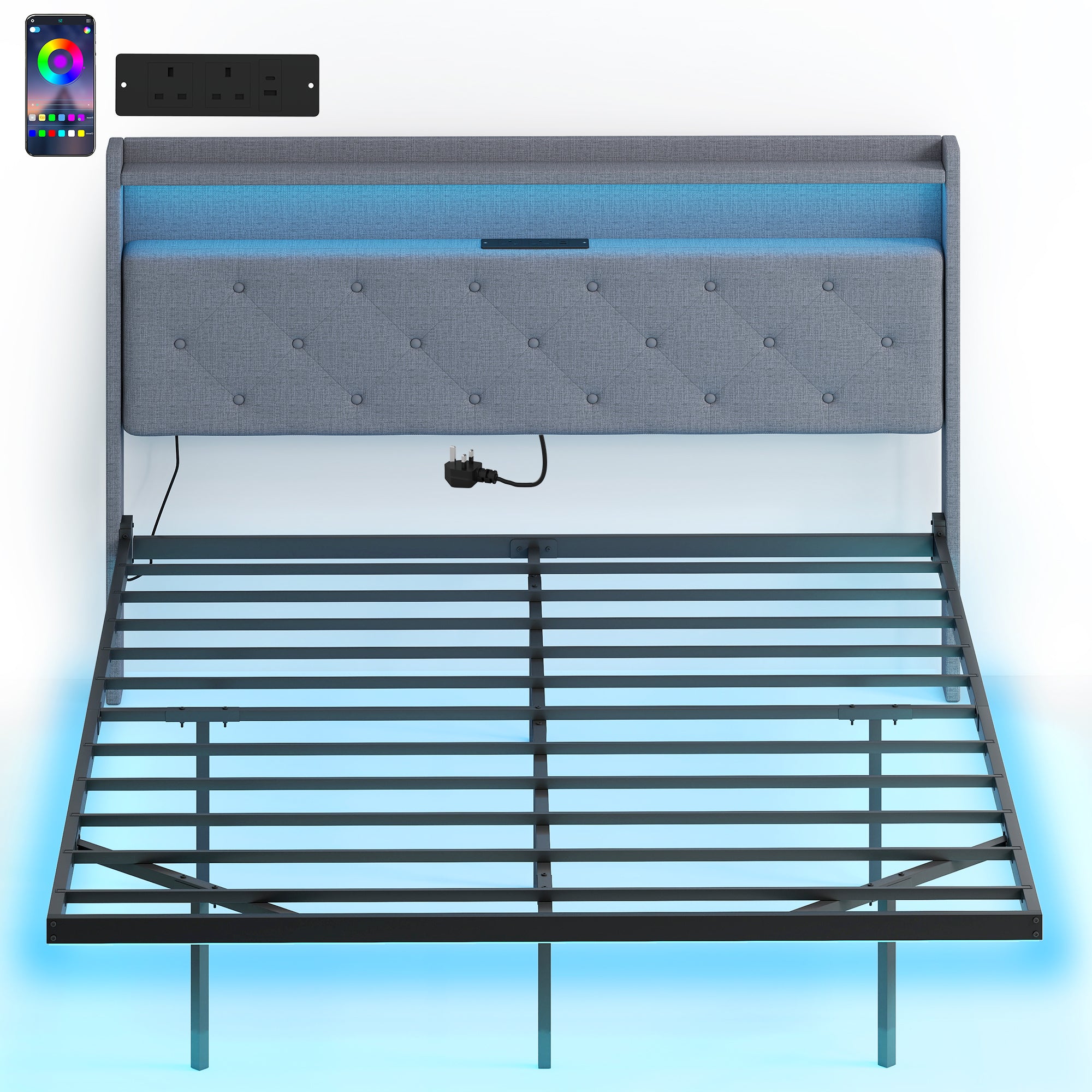 HOMCOM Floating Bed Frame, Upholstered 5ft King Size Bed, Platform Bed with RGB LED Lights and Charging Station, Grey 