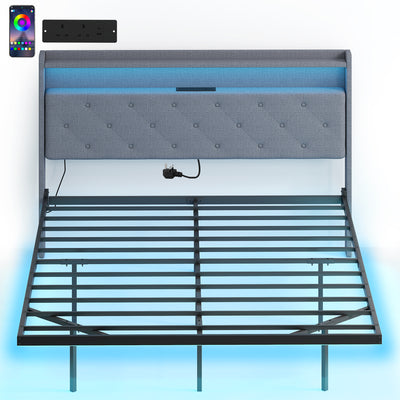 HOMCOM Floating Bed Frame, Upholstered 5ft King Size Bed, Platform Bed with RGB LED Lights and Charging Station, Grey 