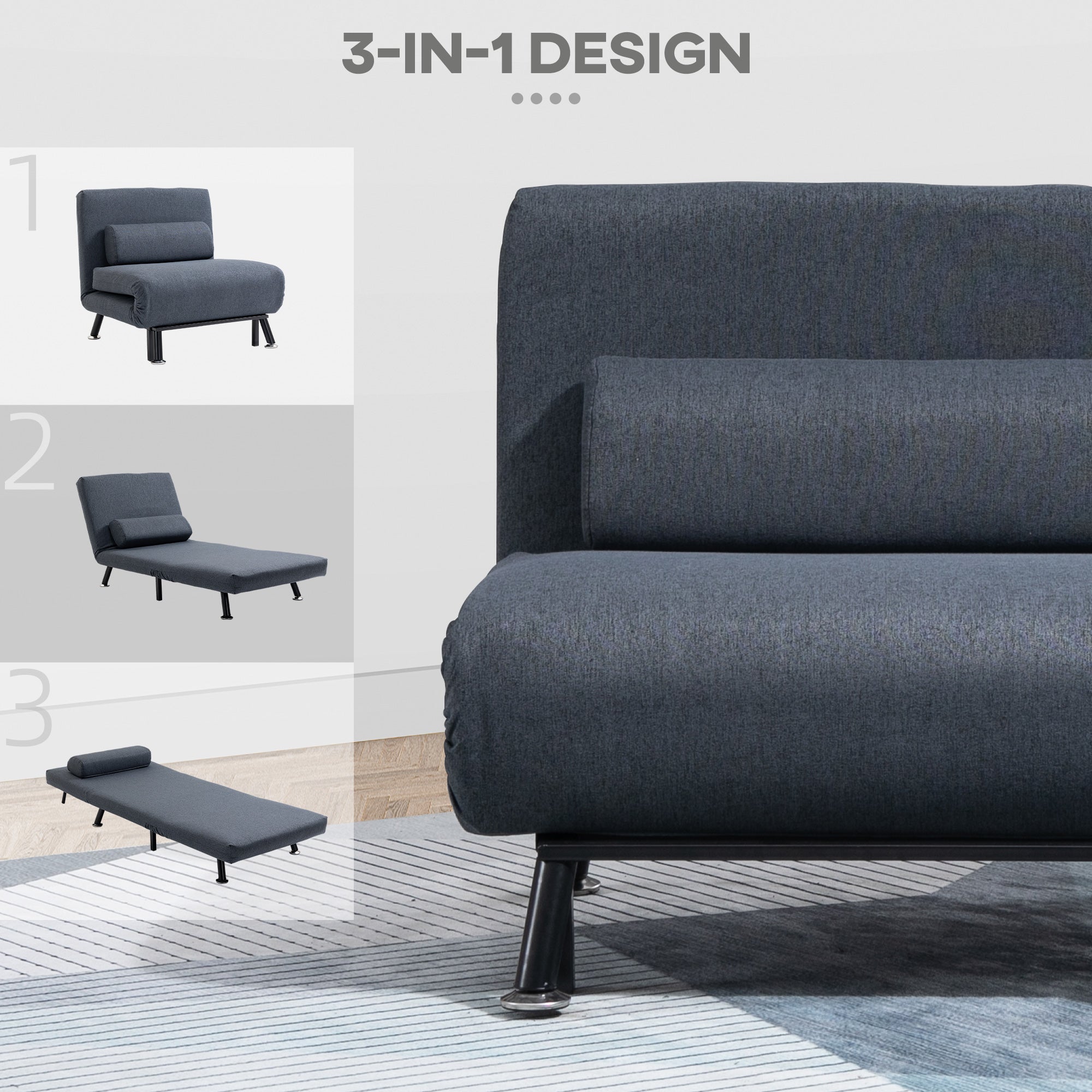 HOMCOM Linen Chair Bed, 3-in-1 Convertible Sleeper Chair with Adjustable Backrest, Pillow, for Living Room, Bedroom, Dark Grey 