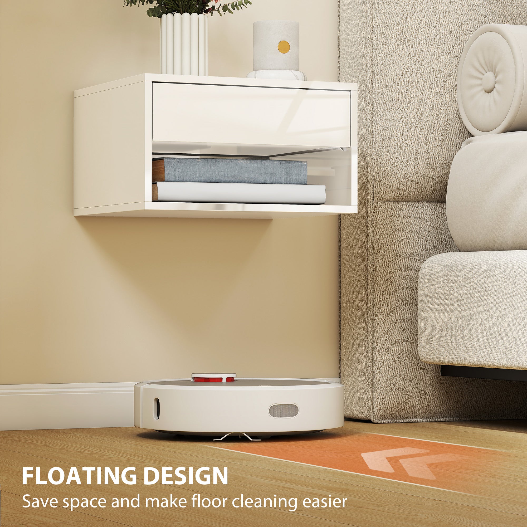 HOMCOM Set of Two Floating Bedside Tables, Wall Mounted Nightstand with Drawer and Open Shelf, High Gloss White 