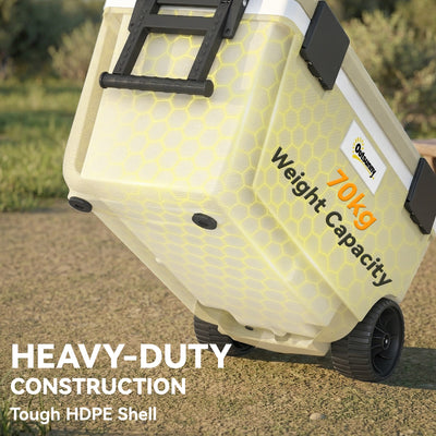 Outsunny 70L Insulated Cool Box with Wheels, Portable Ice Cooler with Handle, Lid and Drain Valve, Khaki 