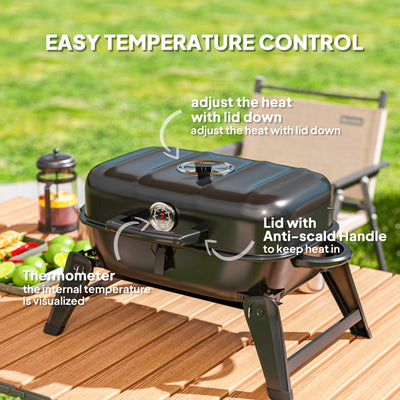 Outsunny Charcoal Barbecue Grill Folding BBQ Grill with 1232 cm² Cooking Area, Adjustable Vent, Thermometer, Handles for Camping Picnic, Black 
