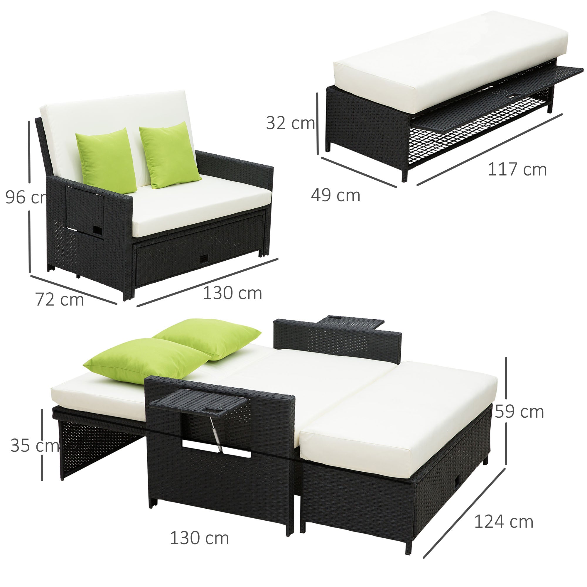 Outsunny Rattan 2-Seater Sofa Sun Lounger Bed-Black 