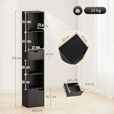 HOMCOM 6-Tier Bookcase, Tall Narrow Bookshelf with Drawer and Door - Black 