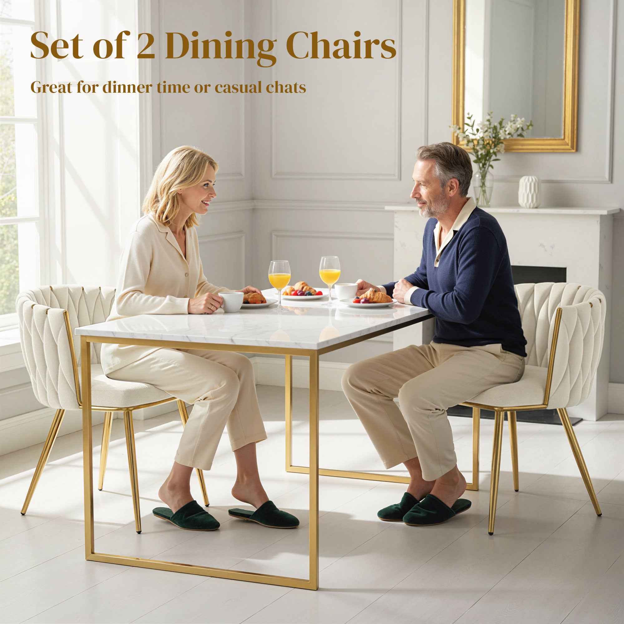 HOMCOM Velvet-Feel Dining Chairs Set of 2, Modern Upholstered Armchair with Knot Design and Golden Metal Legs, Accent Chair for Dining Room, Bedroom, Kitchen, Living Room, Cream 