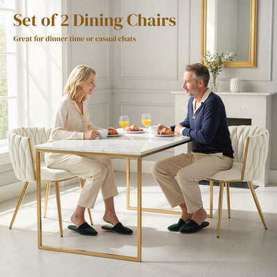 HOMCOM Velvet-Feel Dining Chairs Set of 2, Modern Upholstered Armchair with Knot Design and Golden Metal Legs, Accent Chair for Dining Room, Bedroom, Kitchen, Living Room, Cream 