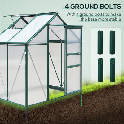 Outsunny 6 x 4ft Polycarbonate Greenhouse, Large Walk-In Green House with Slide Door and Window, Garden Plants Grow House with Aluminium Frame and Foundation, Dark Green 