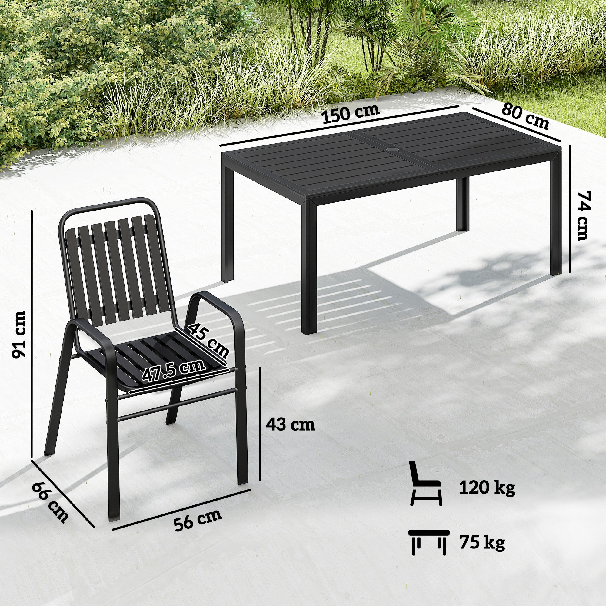 Outsunny 7 Pieces Outdoor Dining Set with Umbrella Hole, Garden Table and Chairs Set for 6 with Metal Table and Stackable Chairs 
