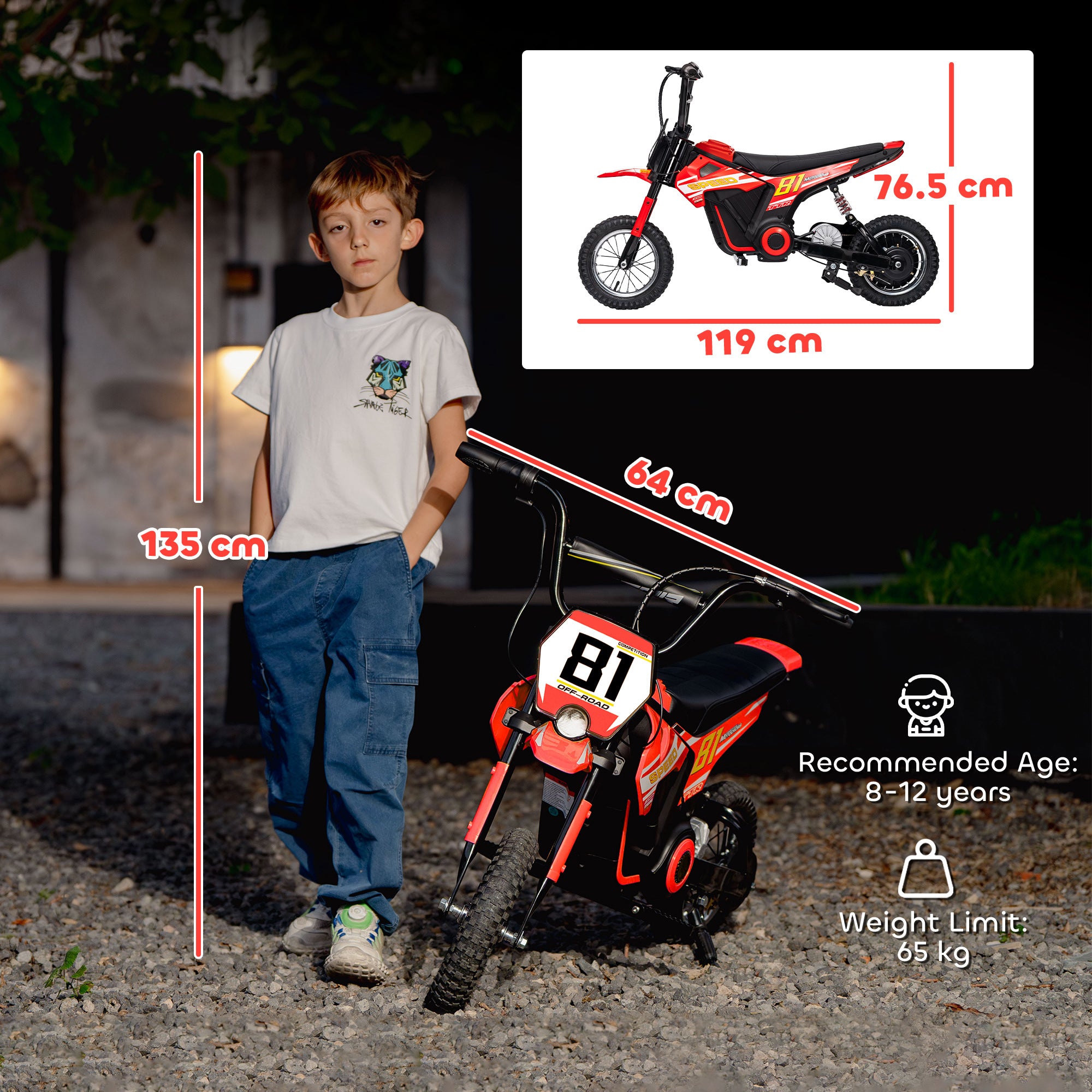 AIYAPLAY Kids Electric Motorbike, 24V Ride On Motorcycle with 3 Speeds and Rear Suspension, Dirt Bike for 8-12 Years Old, Red