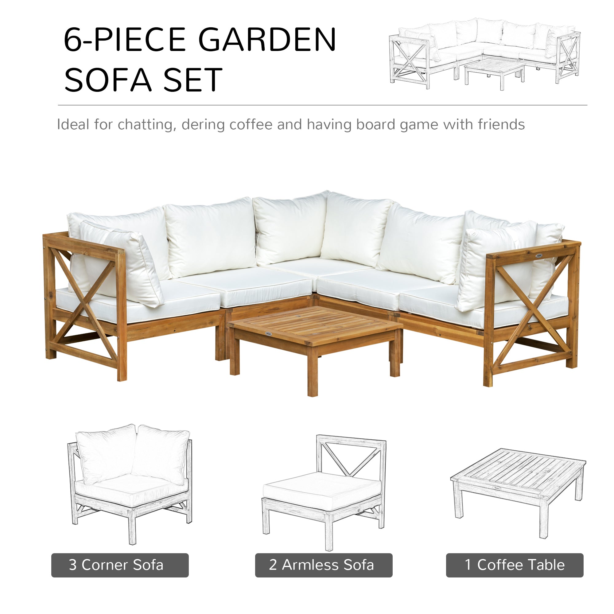 Outsunny 6 PCS Elegant Wood Frame Outdoor Patio Dining Set w/ Cushions Coffee Table Garden Furniture Sofa Comfort Balcony Patio Cream White 