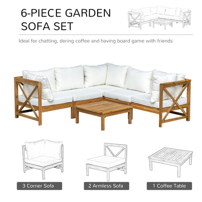 Outsunny 6 PCS Elegant Wood Frame Outdoor Patio Dining Set w/ Cushions Coffee Table Garden Furniture Sofa Comfort Balcony Patio Cream White 